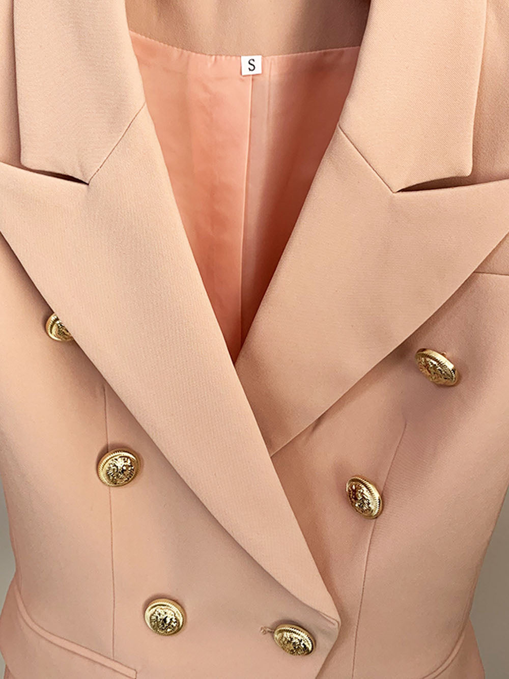 Beige Peak Lapel Gold Button Double Breasted Slim Blazer 9