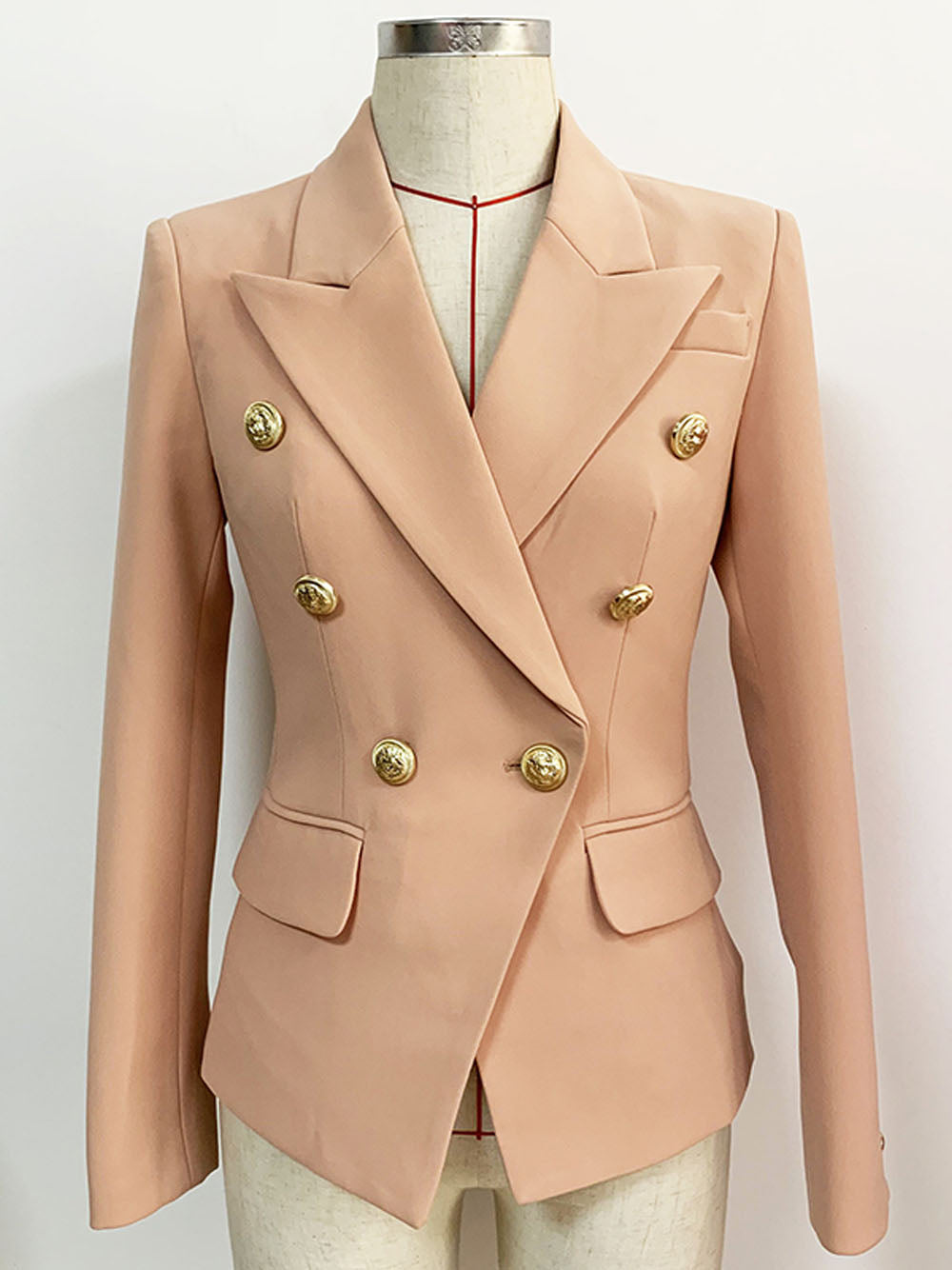 Beige Peak Lapel Gold Button Double Breasted Slim Blazer 4