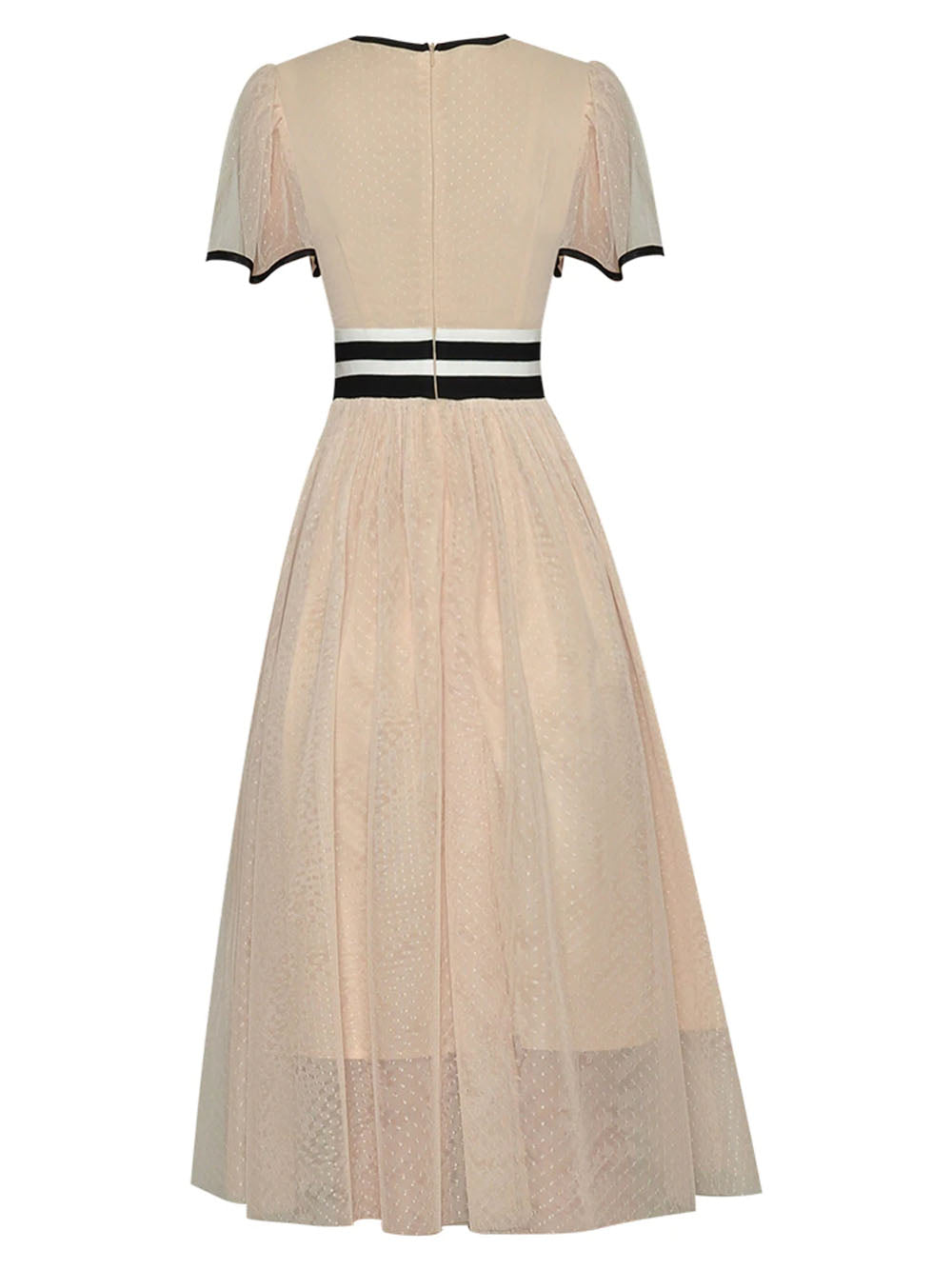 Apricot Round Neck Flutter Sleeve Floral Sequin Tulle A-Line Midi Dress