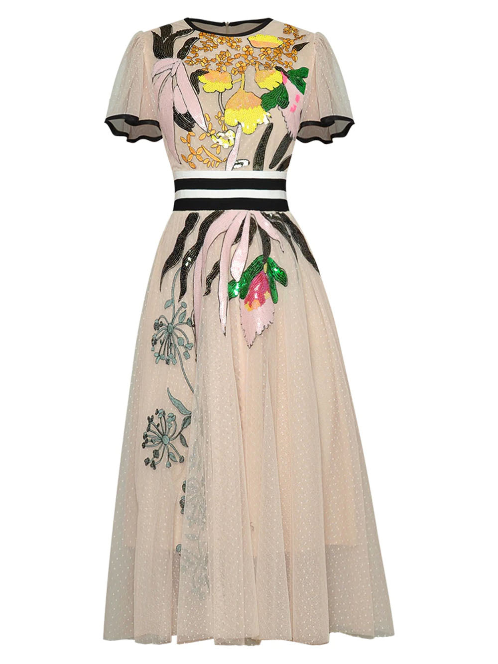 Apricot Round Neck Flutter Sleeve Floral Sequin Tulle A-Line Midi Dress