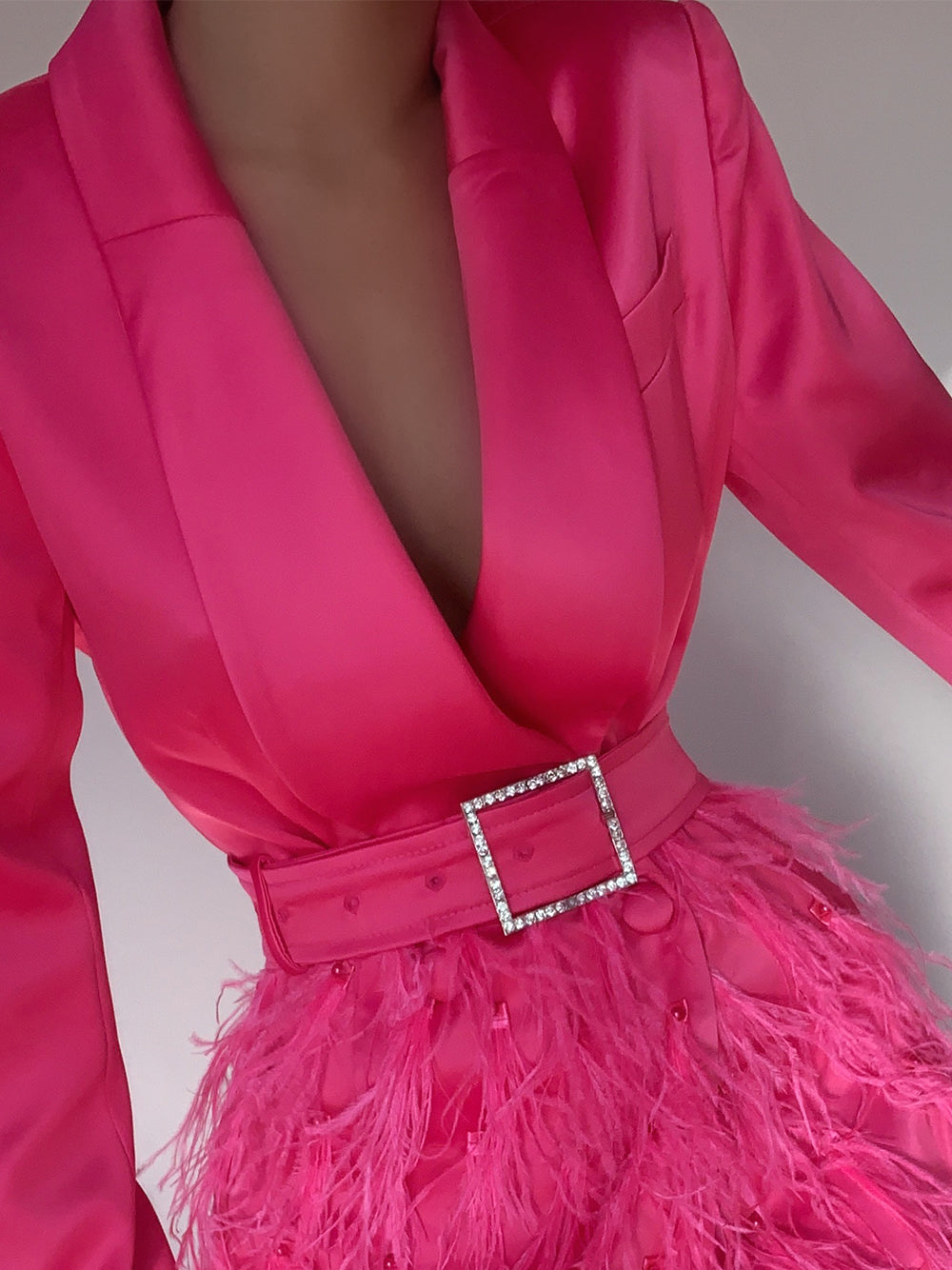 Fuchsia Shawl Lapel Long Sleeve Belted Feather Skirt Blazer Mini Dress 9