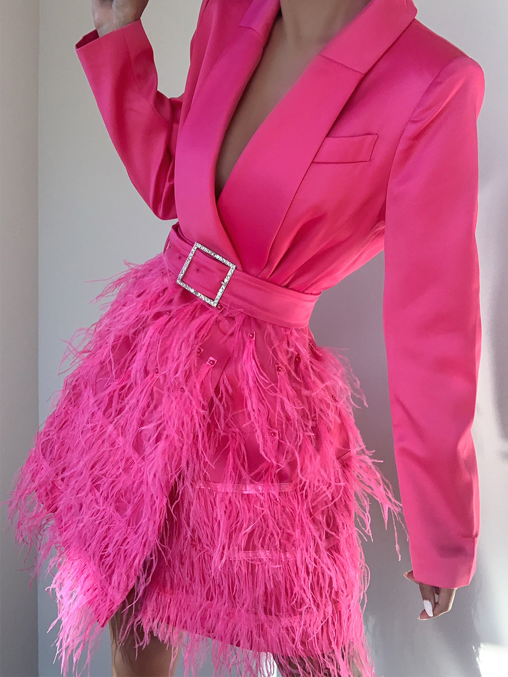 Fuchsia Shawl Lapel Long Sleeve Belted Feather Skirt Blazer Mini Dress 2