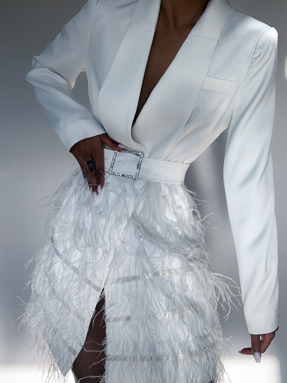 White Shawl Lapel Long Sleeve Belted Feather Skirt Blazer Mini Dress