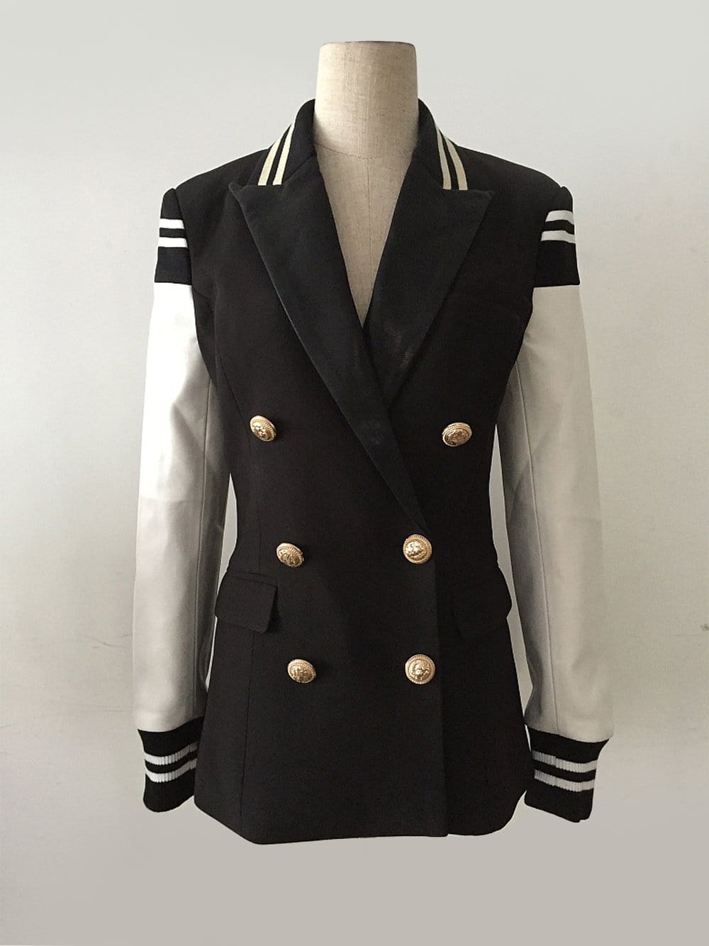 B&w Double-Breasted Gold Button Varsity Sleeve Contrast Blazer