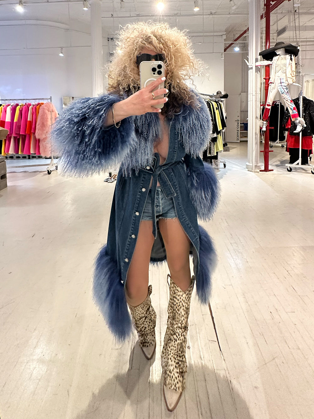 Denim Denim Shaggy Shearling Fur Collar Coat 31