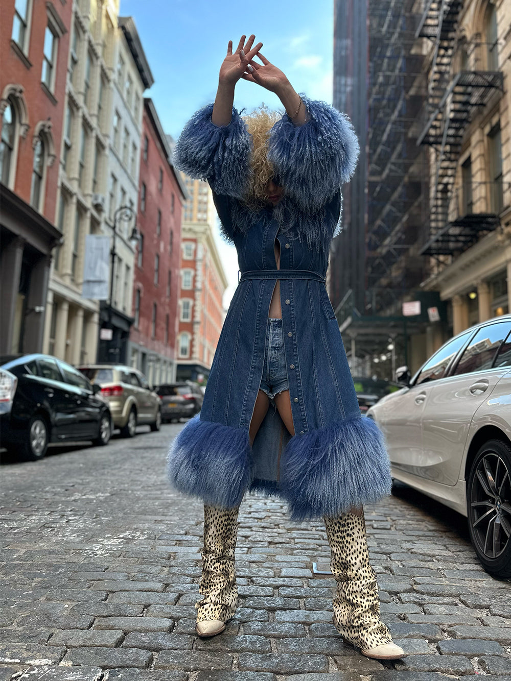 Denim Denim Shaggy Shearling Fur Collar Coat 20