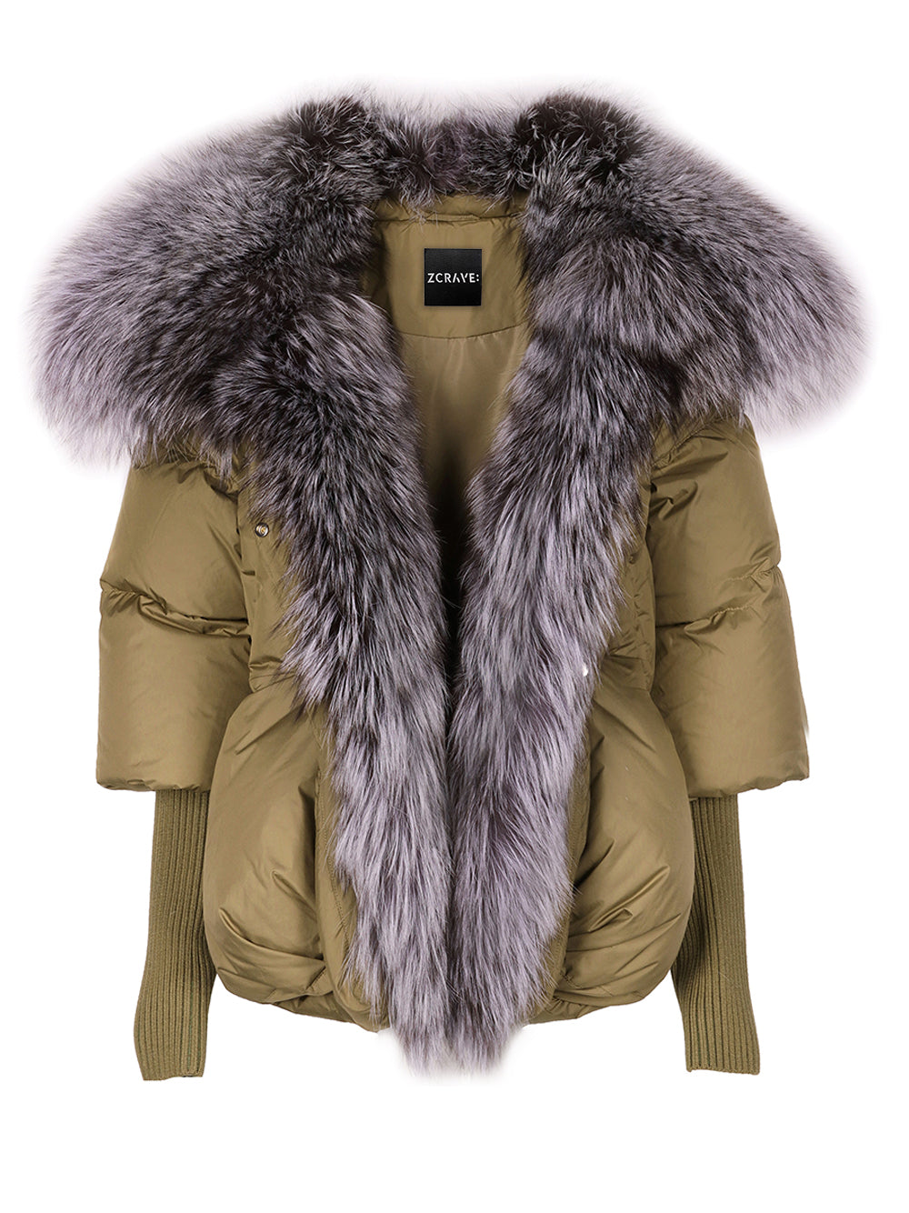 Khaki Oversized Fur Shawl Collar Ribbed Cuff Puffer Jacket