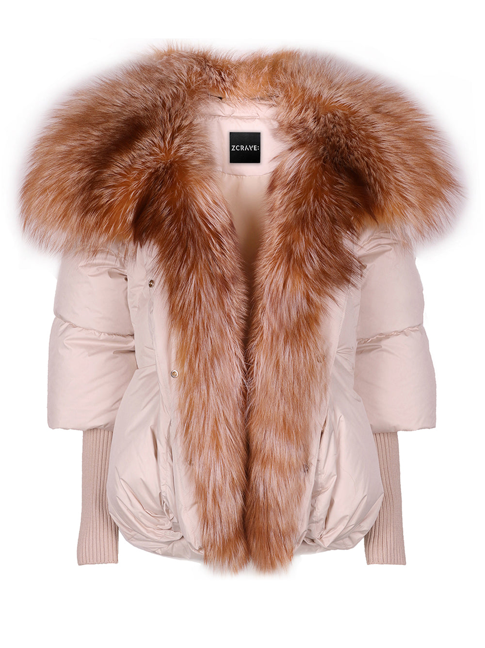 Beige Oversized Fur Collar Knit Cuff Down Puffer Jacket
