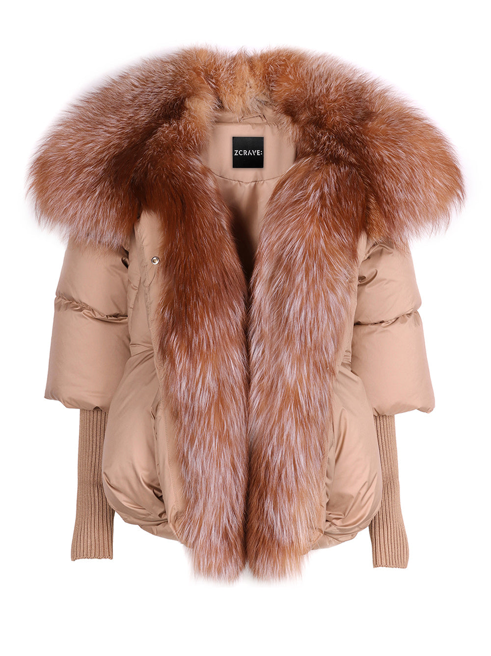 Tan Fur Shawl Collar Ribbed Knit Cuff Puffer Jacket