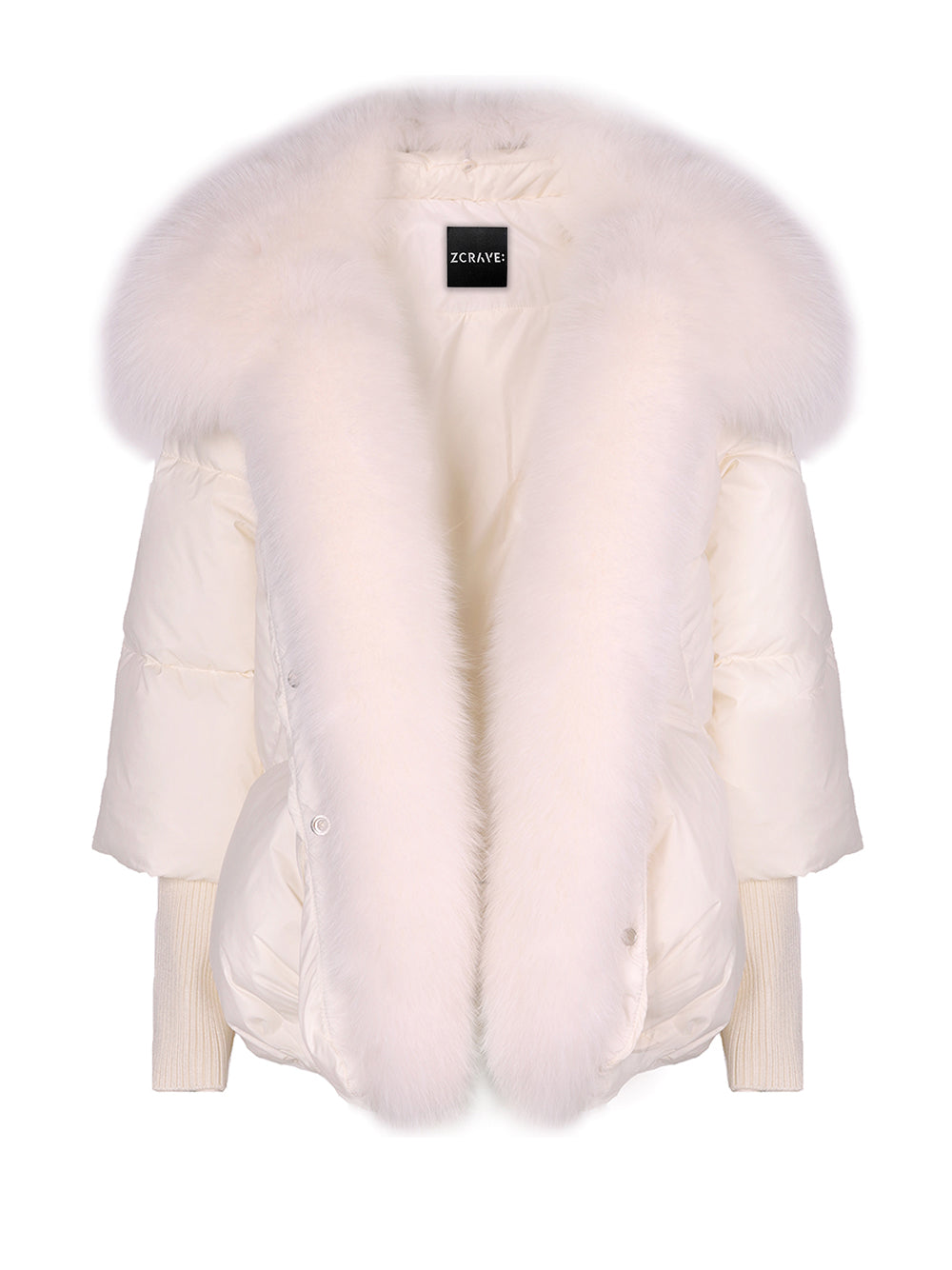White Fur Trim Collar Ribbed Cuff Puffer Jacket