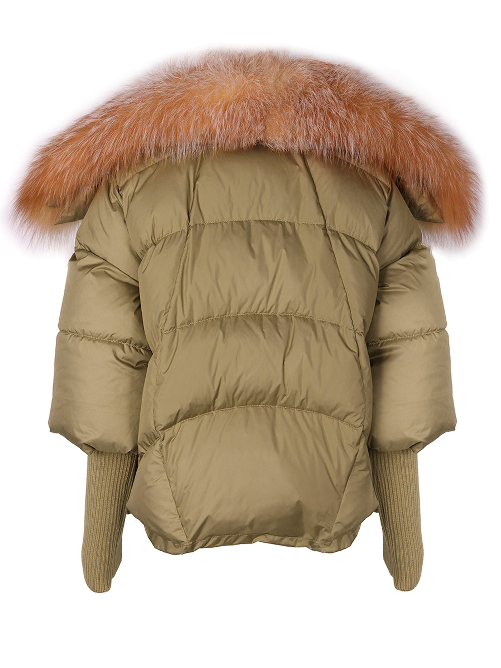 Khaki Fox Fur Shawl Collar Ribbed Cuff Puffer Jacket