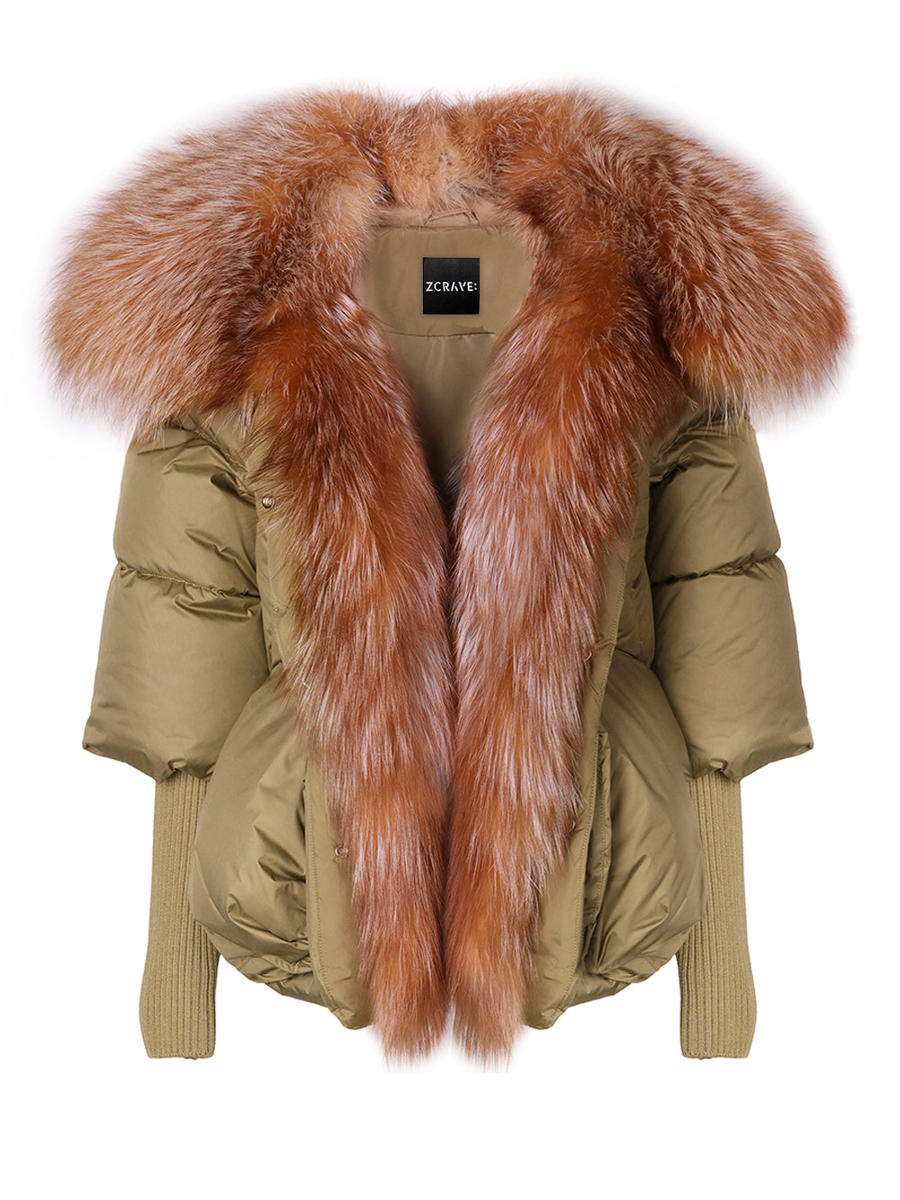 Khaki Fox Fur Shawl Collar Ribbed Cuff Puffer Jacket