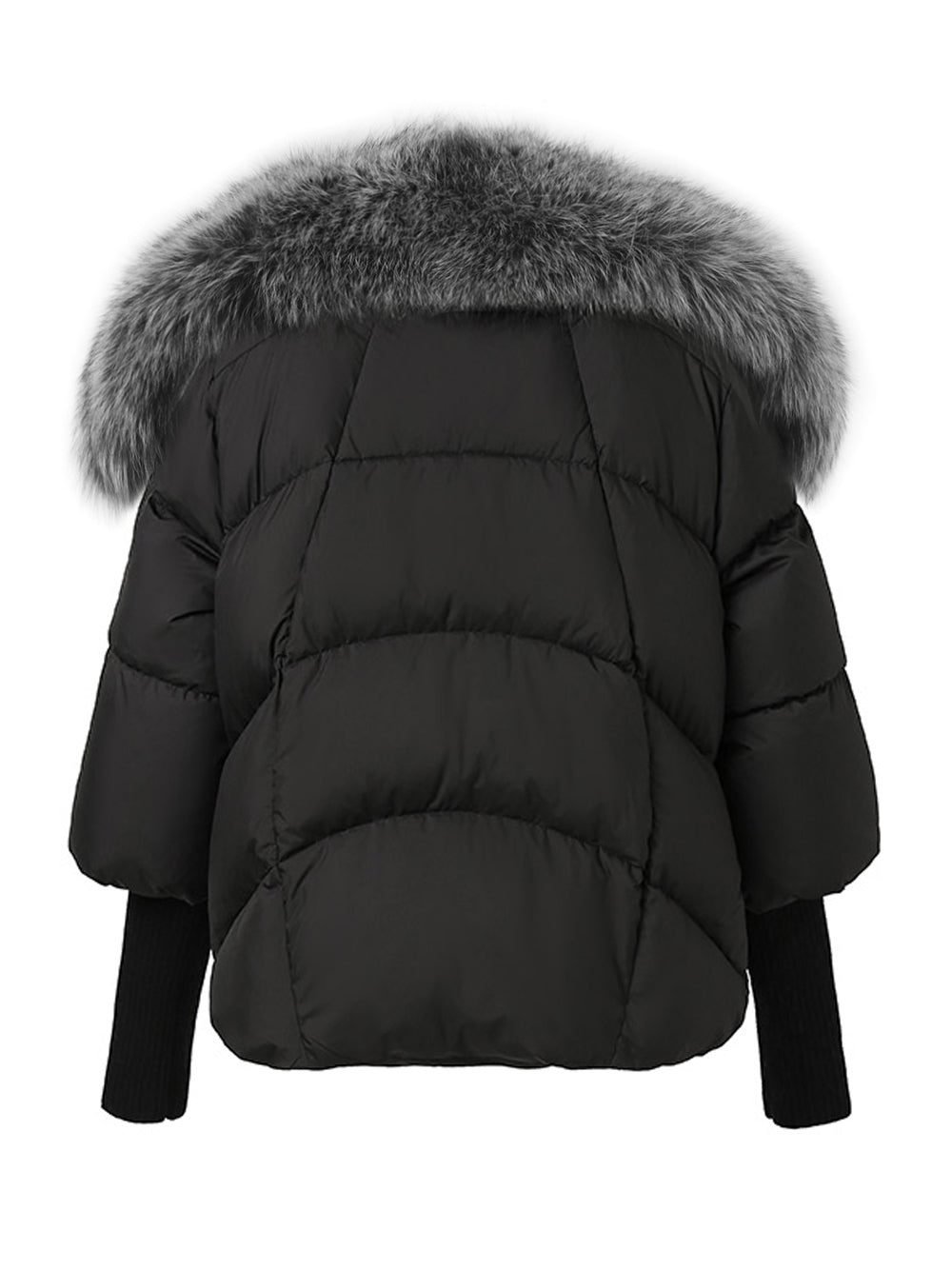 Black Gray Fur Collar Ribbed Cuff Oversized Puffer Jacket