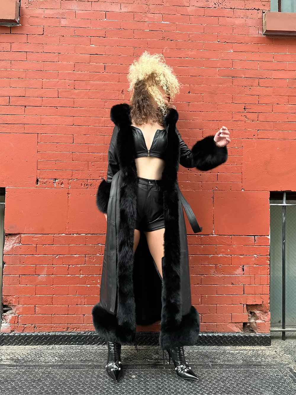 Black Faux Fur Trim Hooded Belted Leather Longline Coat 6