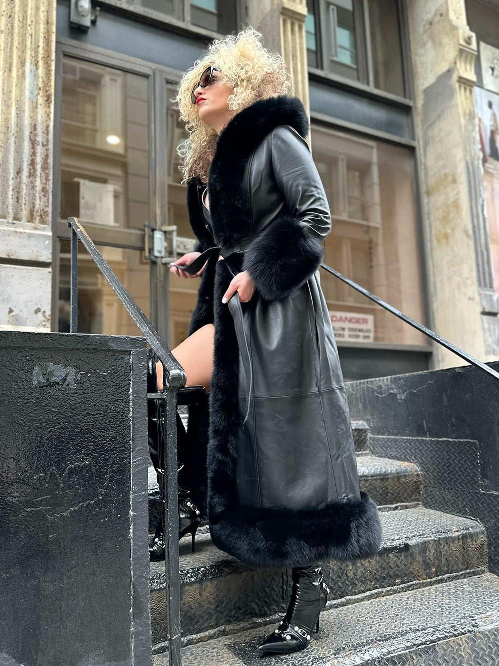 Black Faux Fur Trim Hooded Belted Leather Longline Coat 12