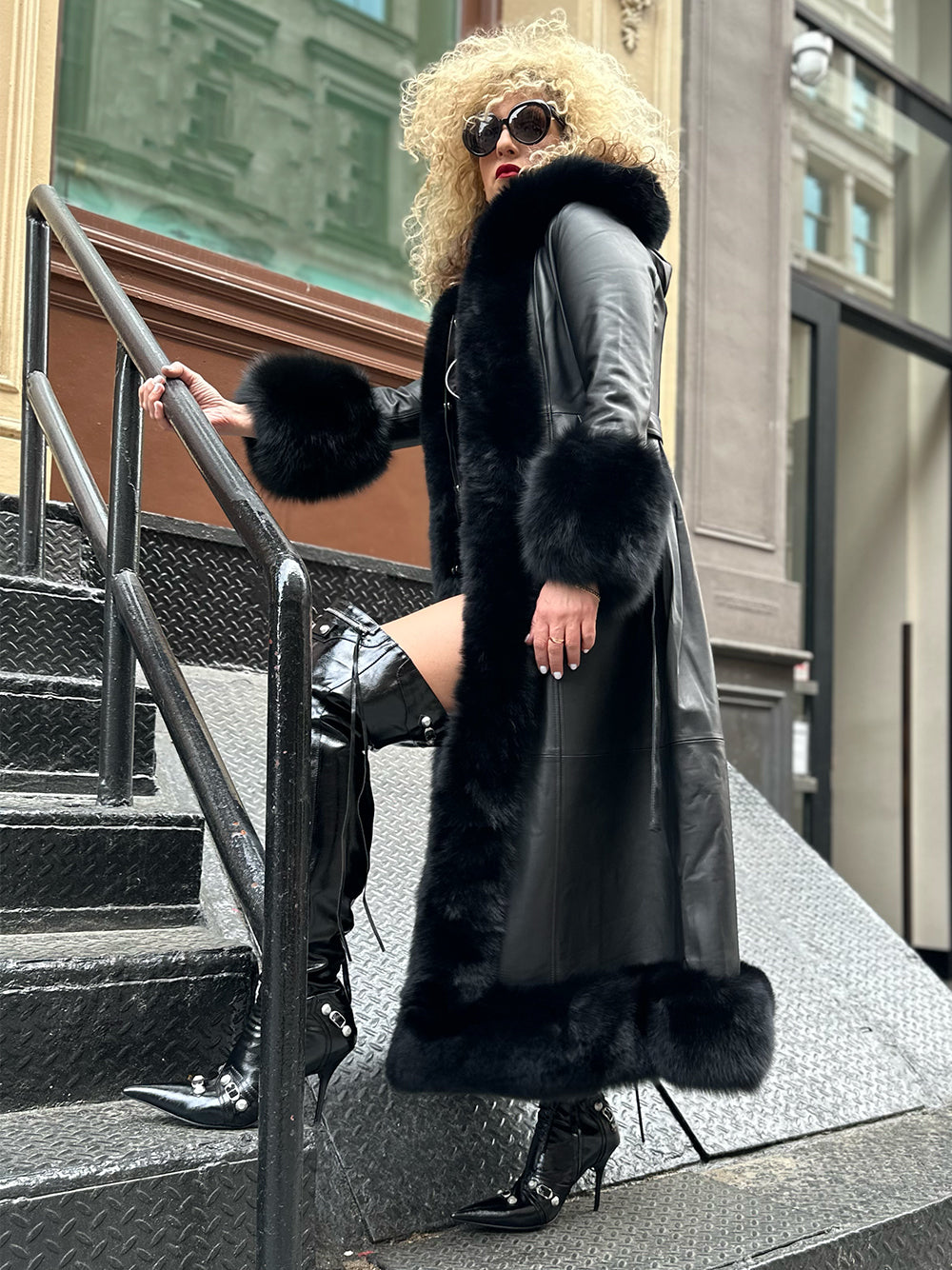 Black Faux Fur Trim Hooded Belted Leather Longline Coat 8