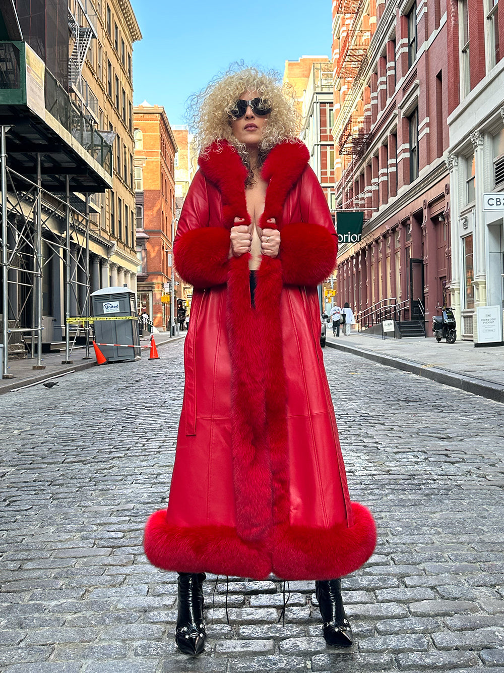 Red Faux Fur Trim Belted Leather Maxi Coat