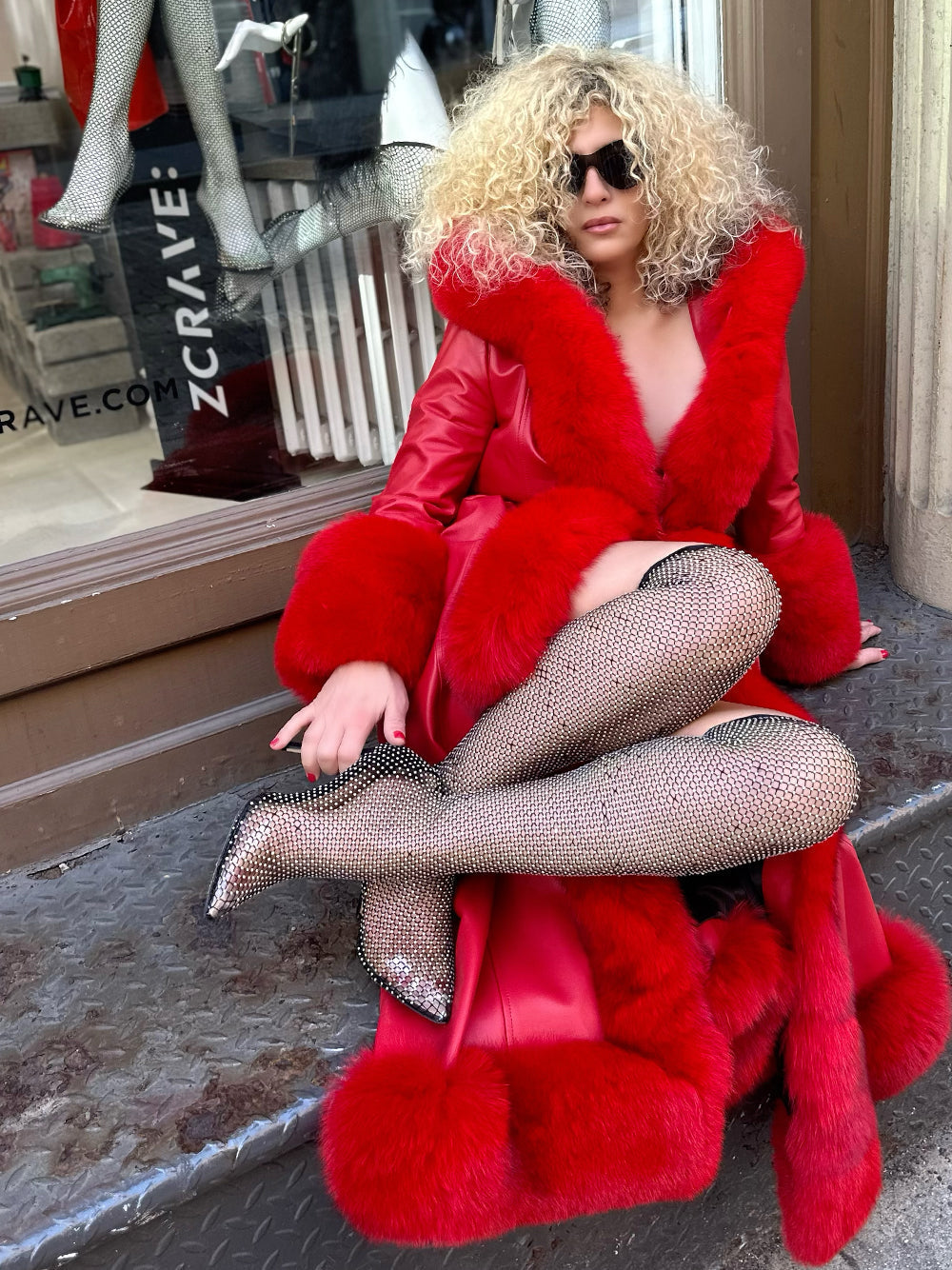 Red Faux Fur Trim Belted Leather Maxi Coat