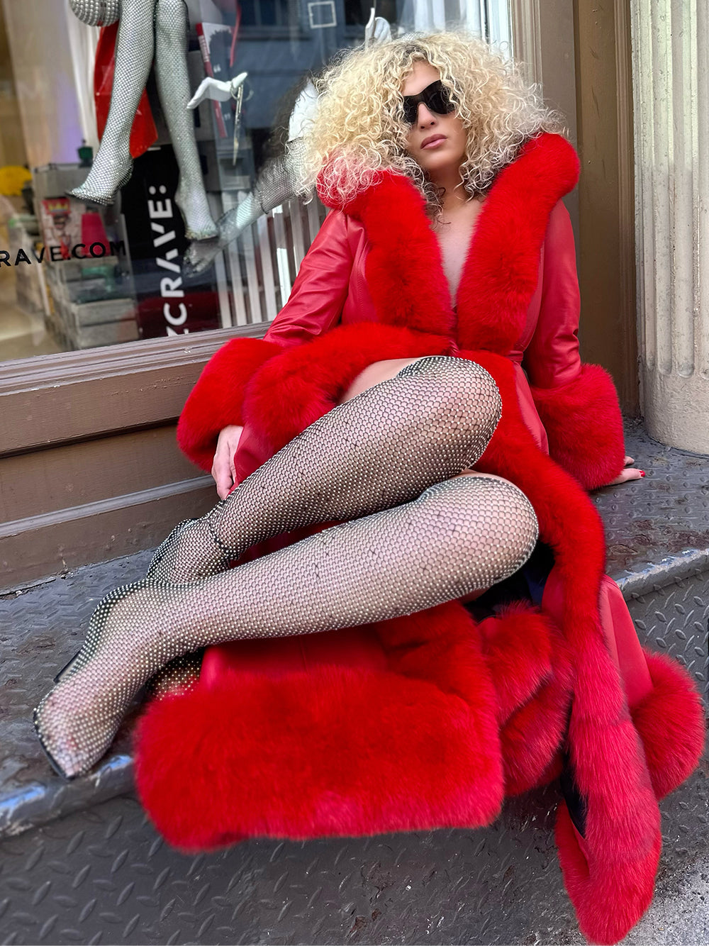 Red Faux Fur Trim Belted Leather Maxi Coat