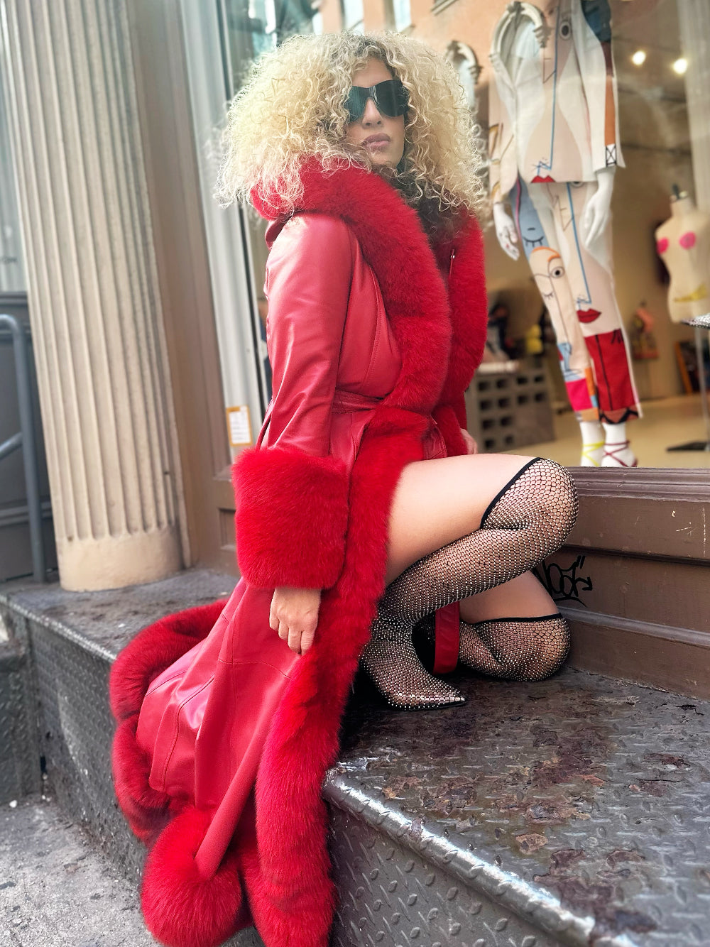 Red Faux Fur Trim Belted Leather Maxi Coat