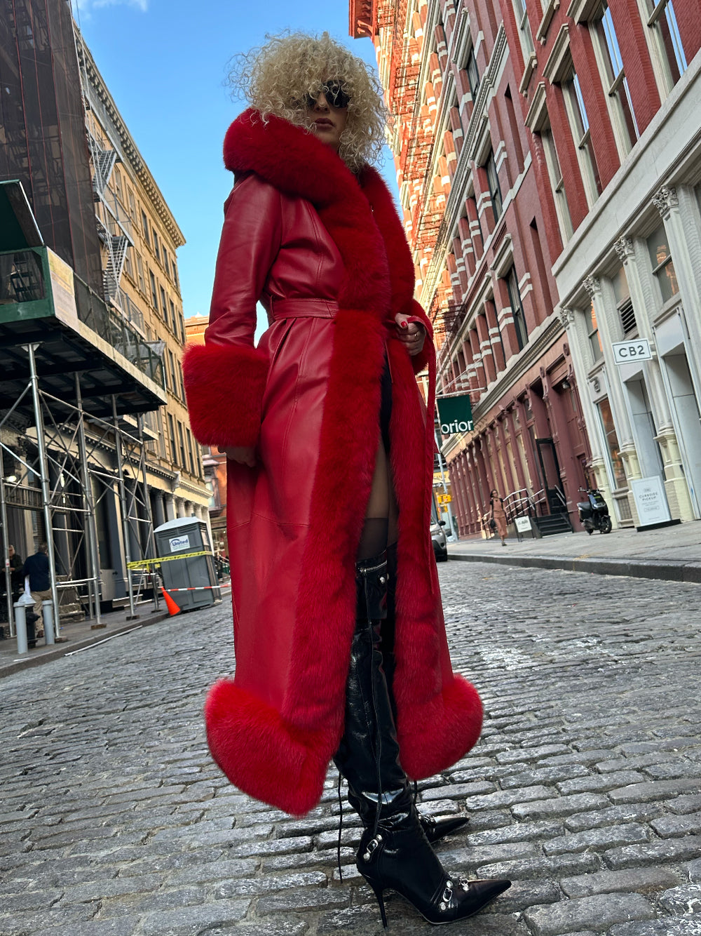 Red Faux Fur Trim Belted Leather Maxi Coat