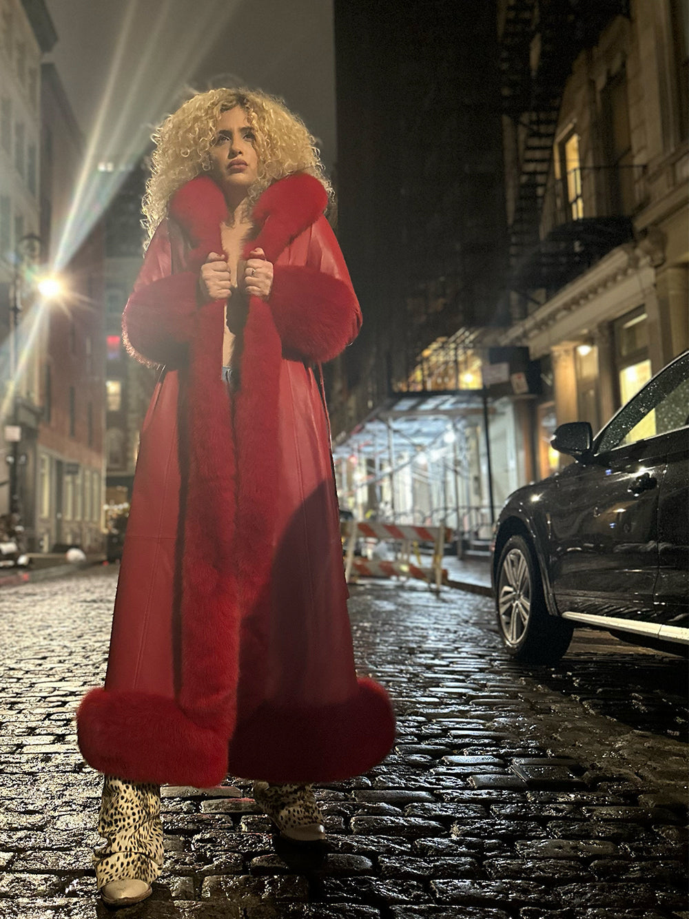 Red Faux Fur Trim Belted Leather Maxi Coat