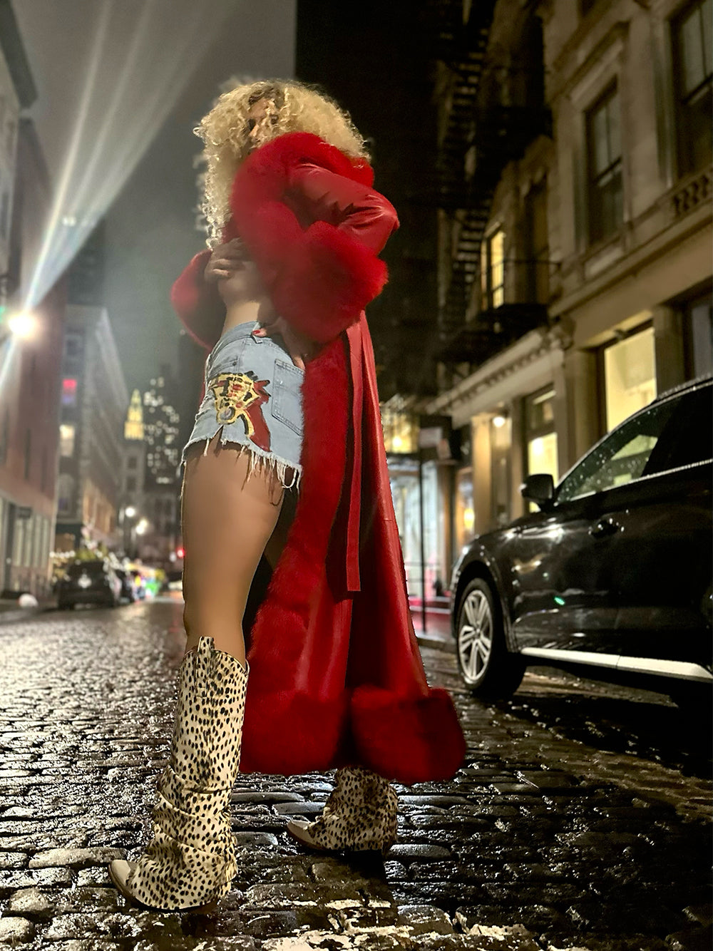 Red Faux Fur Trim Belted Leather Maxi Coat