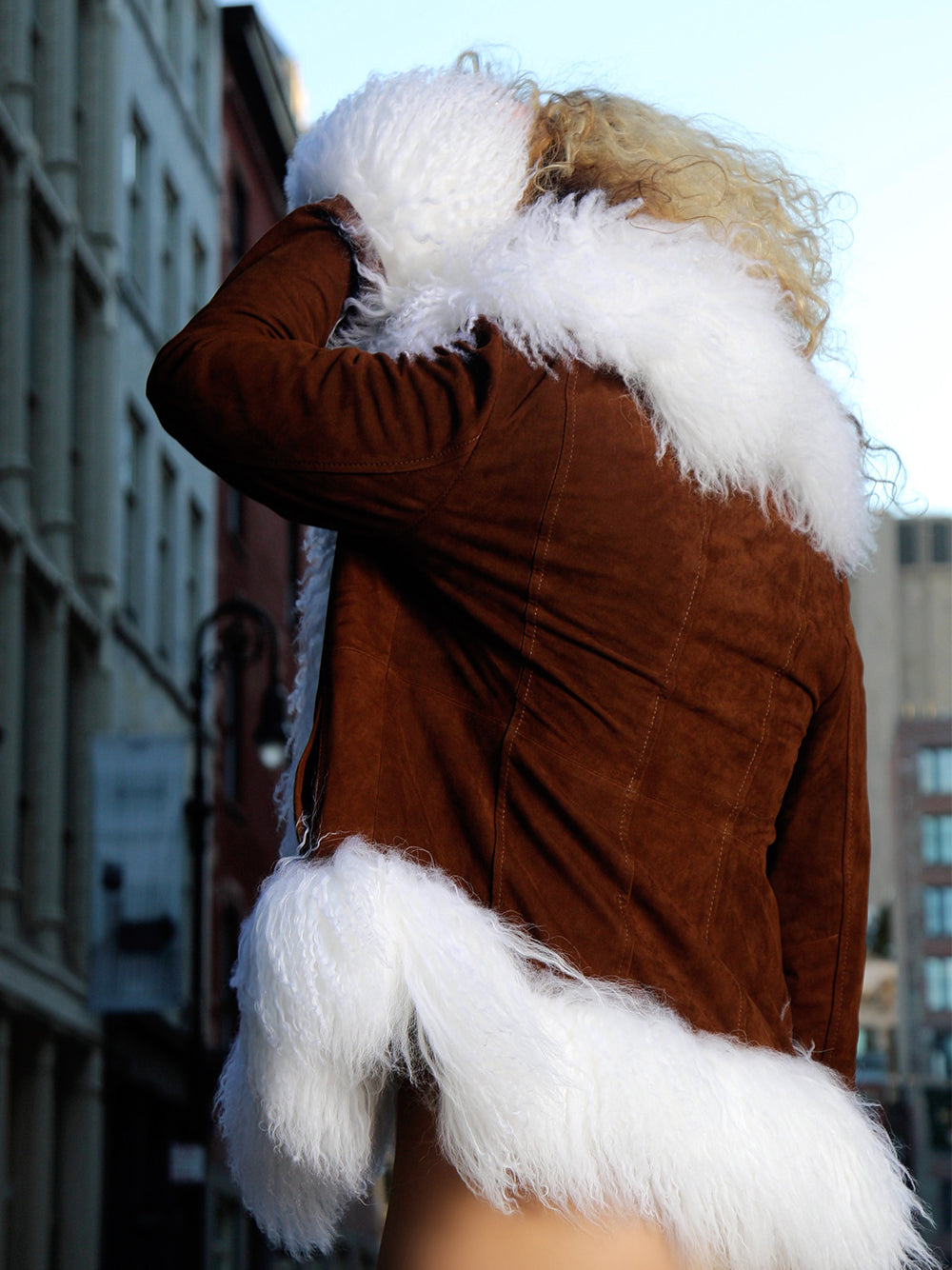 Brown Shaggy Fur Trim Suede Shearling Fringed Jacket 2
