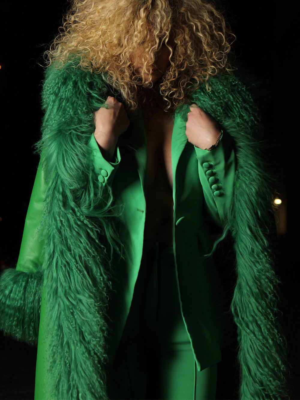 Forest Green Shawl Collar Shearling Trim Leather Longline Coat 4