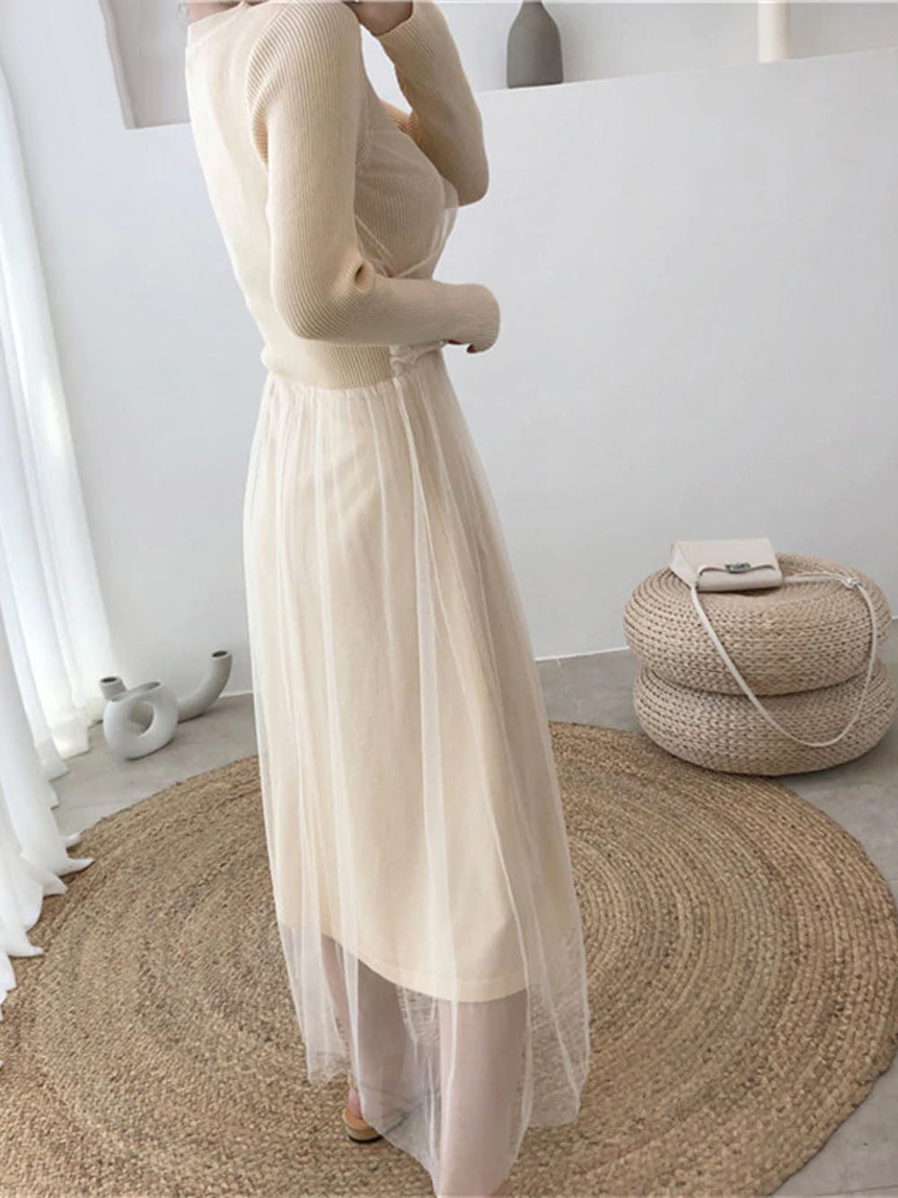 Beige Round Neck Long Sleeve Ribbed Knit Tulle Overlay A-Line Midi Dress
