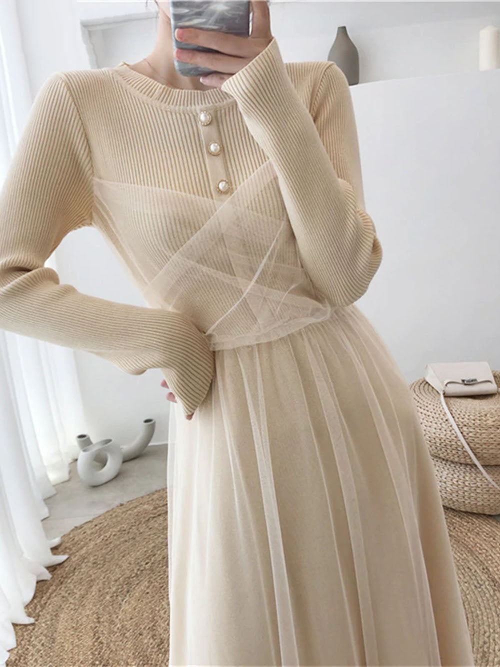Beige Round Neck Long Sleeve Ribbed Knit Tulle Overlay A-Line Midi Dress