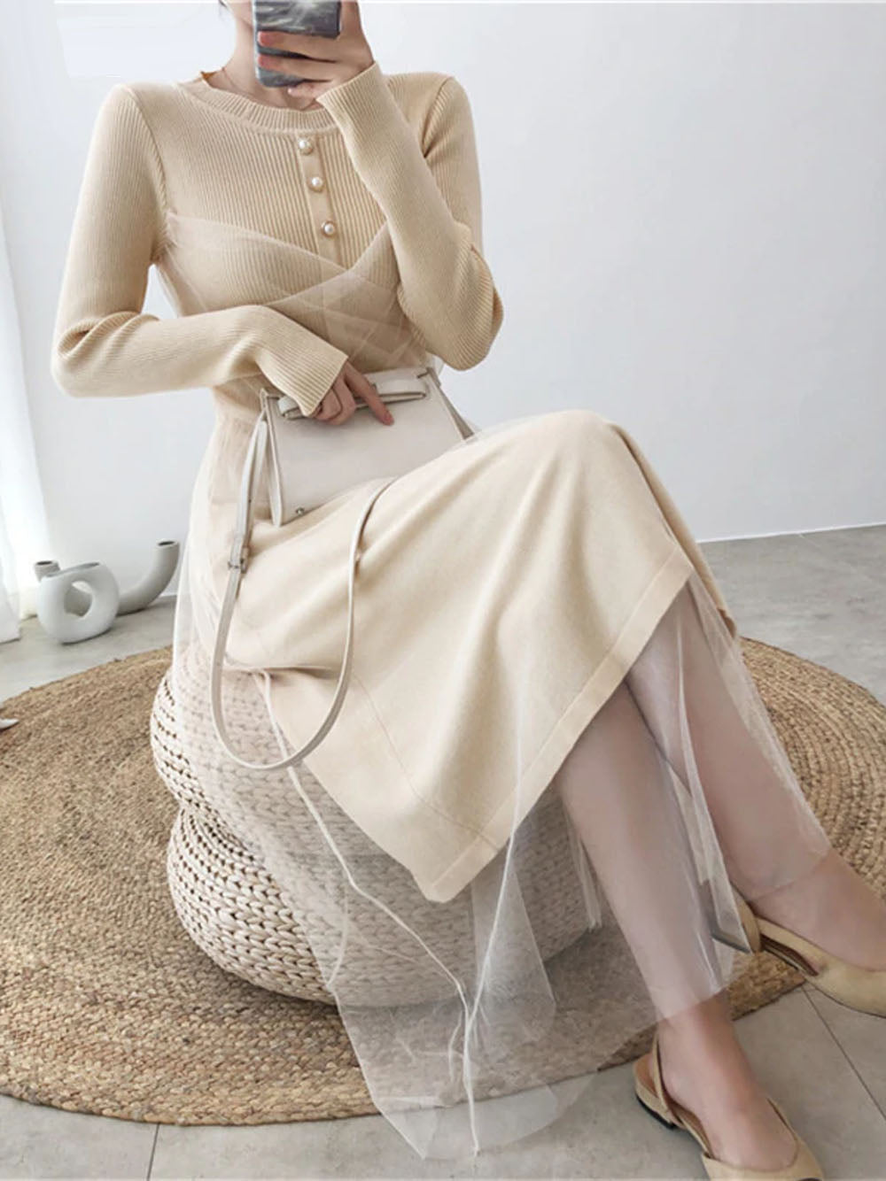 Beige Round Neck Long Sleeve Ribbed Knit Tulle Overlay A-Line Midi Dress
