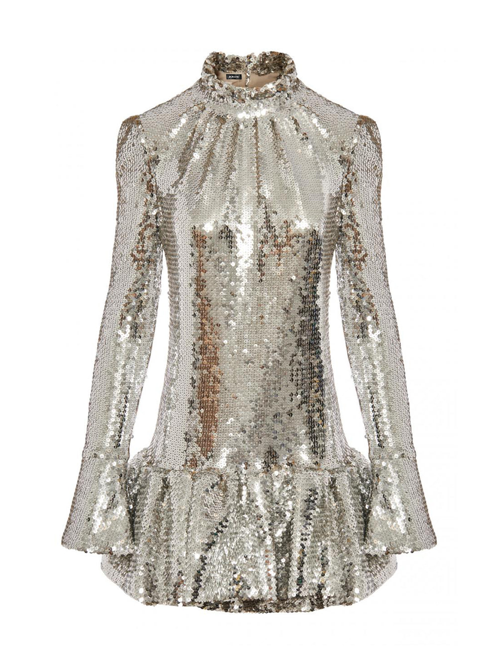 Silver High Neck Puff Sleeve Sequin Ruffle Hem A-Line Mini Dress