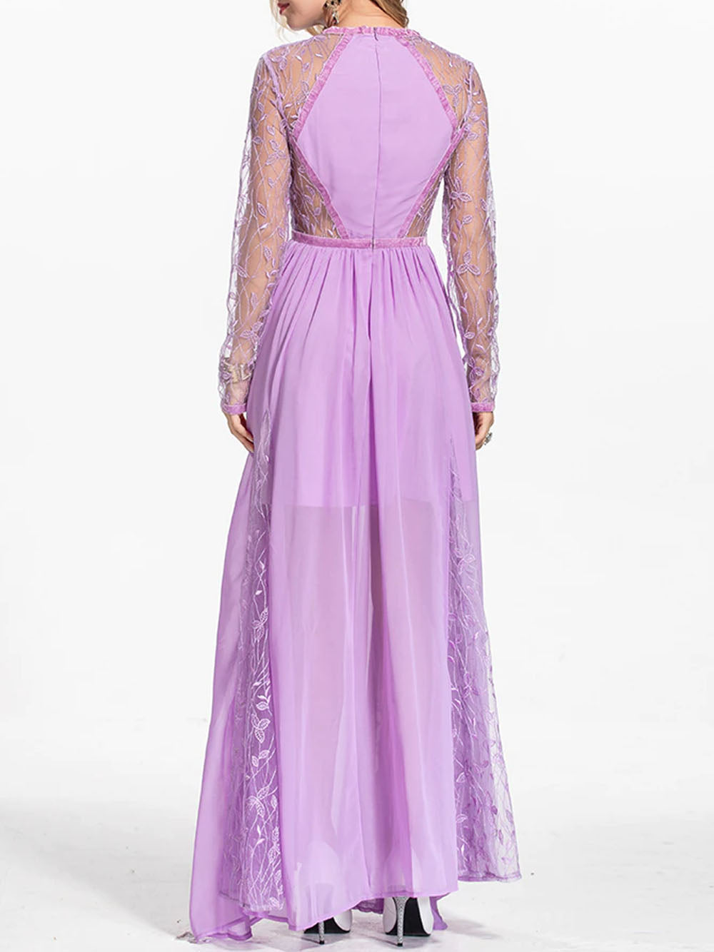 Purple V-Neck Tie Front Lace Embroidered Sheer Chiffon Maxi Dress 2
