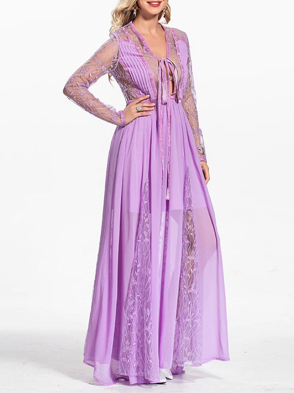 Purple V-Neck Tie Front Lace Embroidered Sheer Chiffon Maxi Dress 5