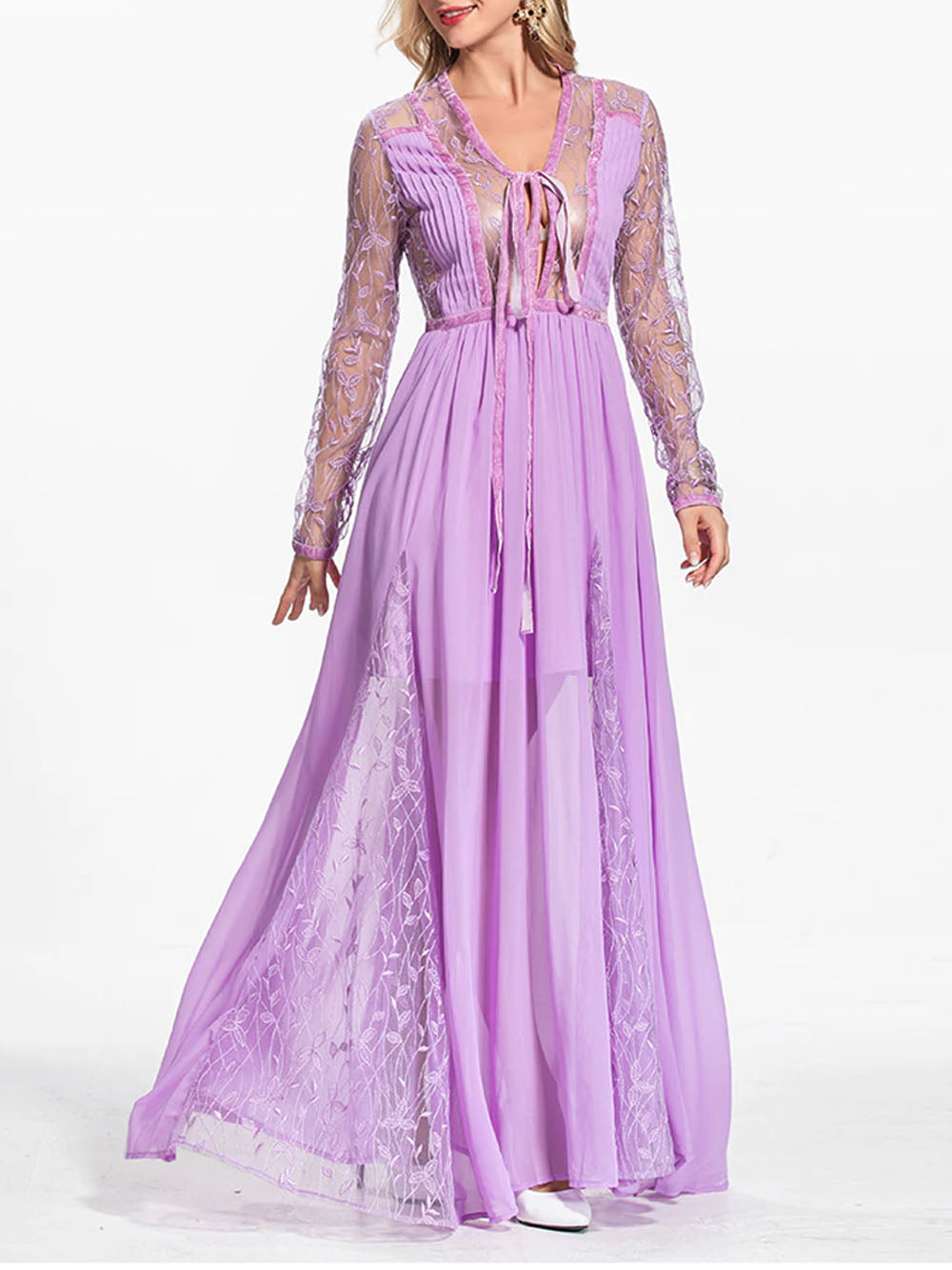 Purple V-Neck Tie Front Lace Embroidered Sheer Chiffon Maxi Dress 3