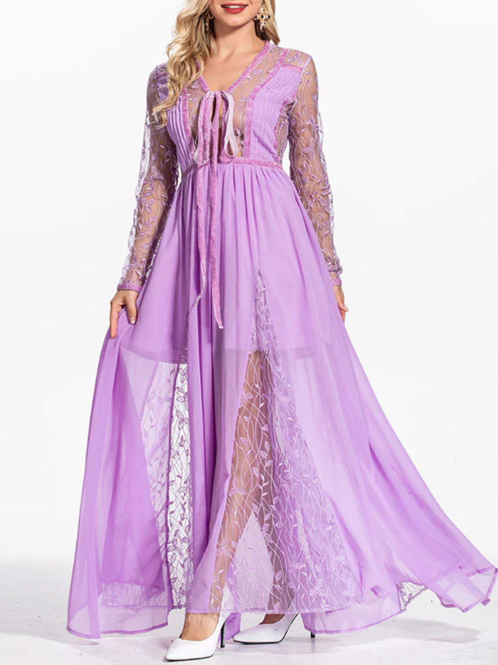 Purple V-Neck Tie Front Lace Embroidered Sheer Chiffon Maxi Dress