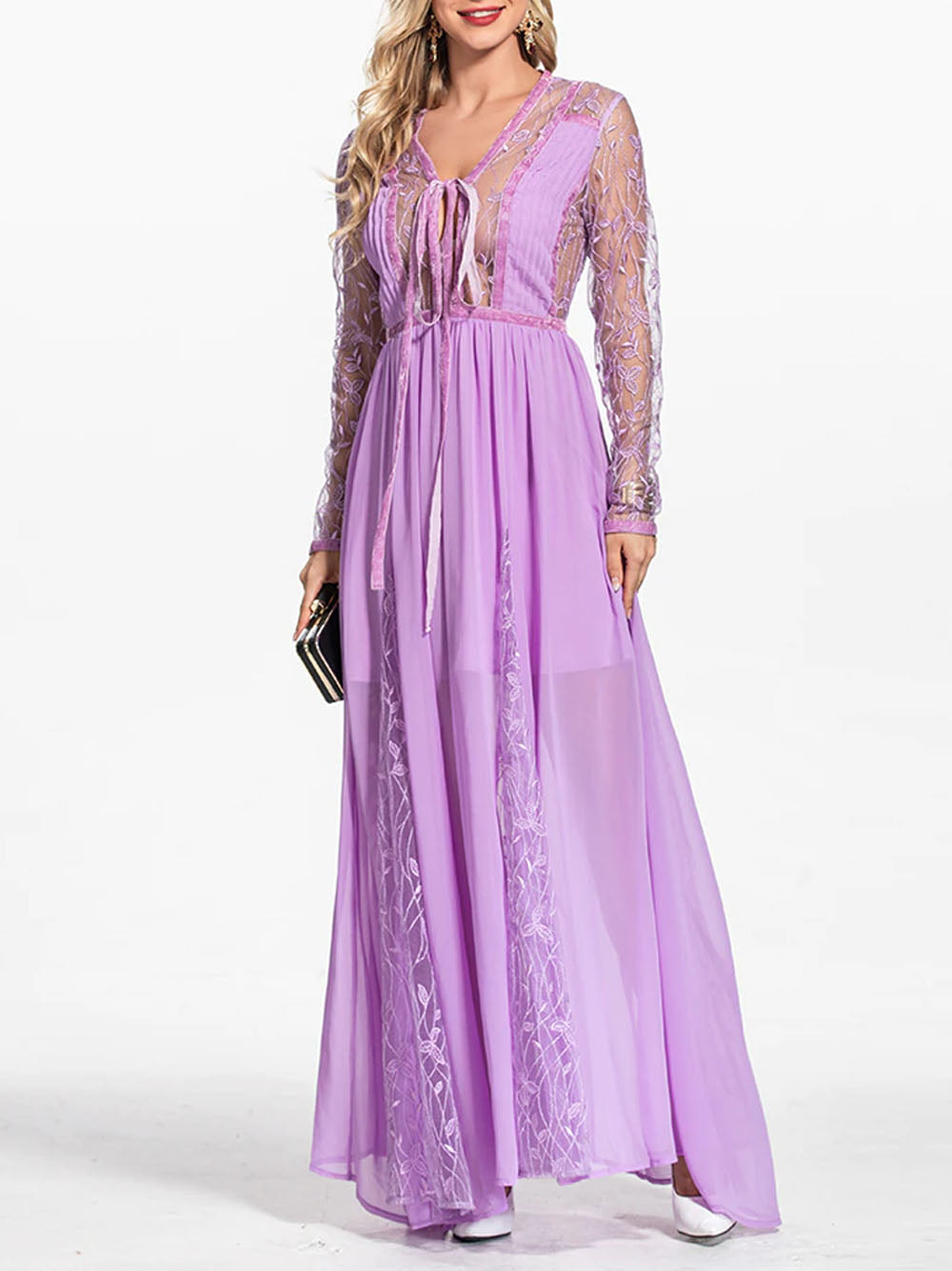 Purple V-Neck Tie Front Lace Embroidered Sheer Chiffon Maxi Dress 4