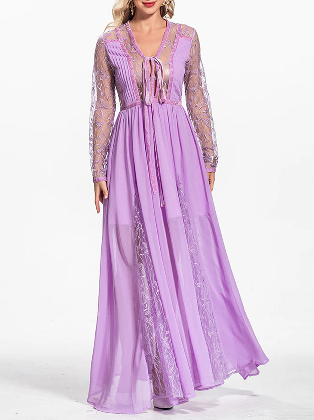 Purple V-Neck Tie Front Lace Embroidered Sheer Chiffon Maxi Dress 6