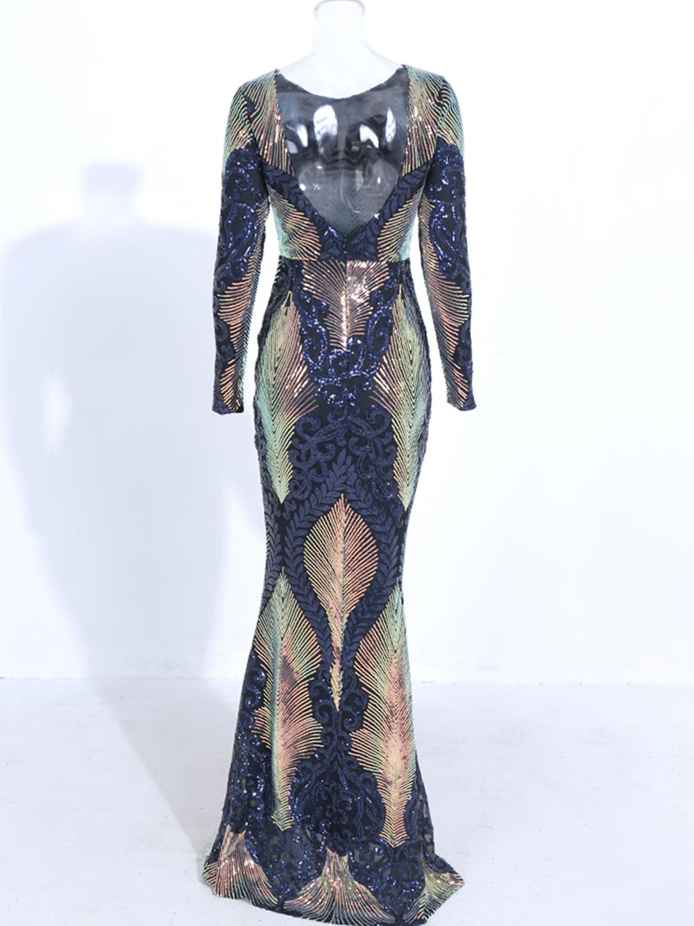 Multicolor Round Neck Long Sleeve Sequin Backless Mermaid Maxi Gown 7