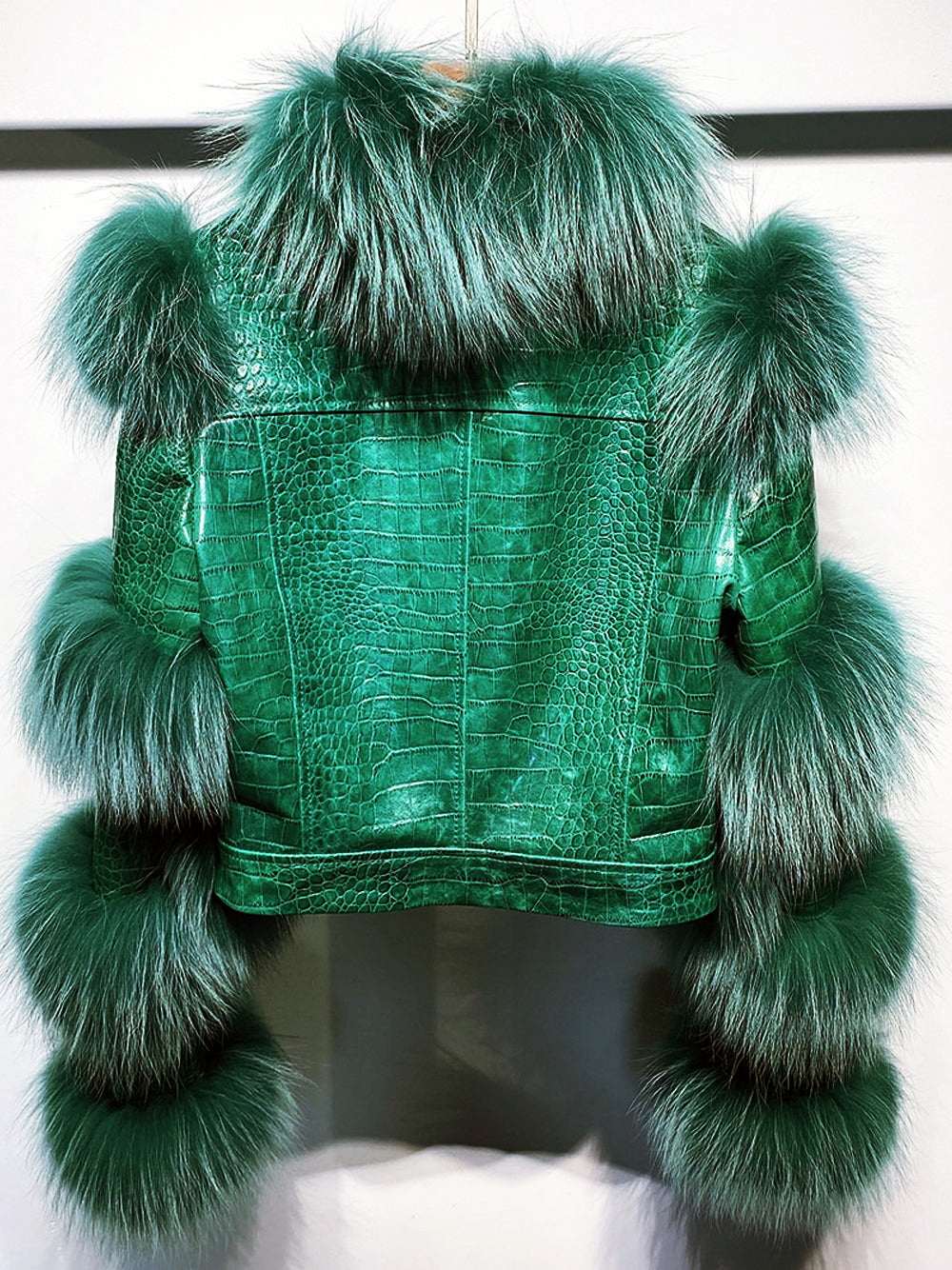 Dark Green Fluffy Fur Croc Leather Panel Cropped Jacket