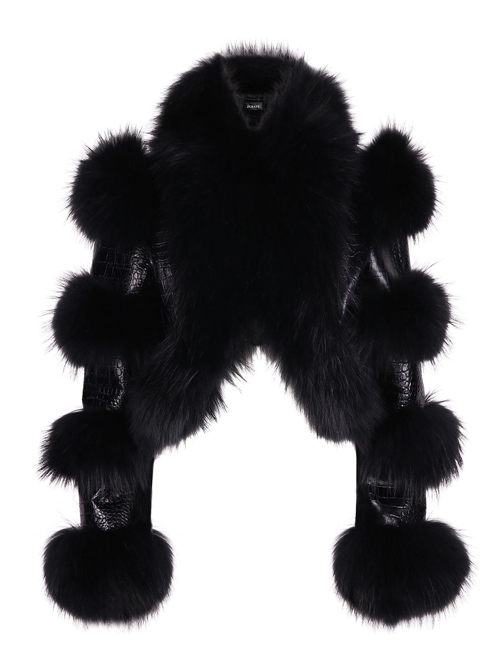 Black Fur Trim Croc Embossed Leather Cropped Jacket
