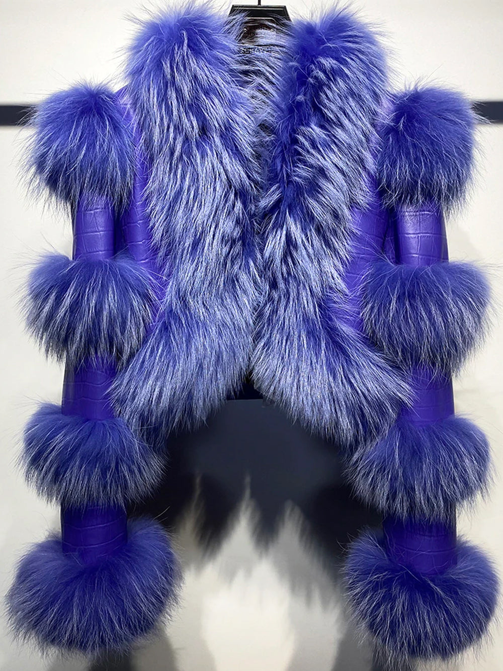 Purple Fur Trim Collar Croc Leather Cropped Jacket