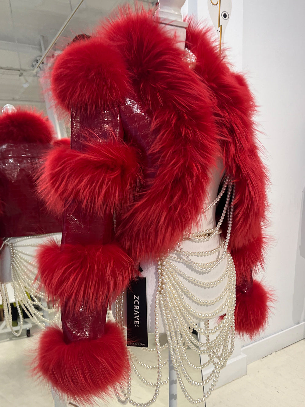 Red Fluffy Faux Fur Panel Leather Cropped Jacket