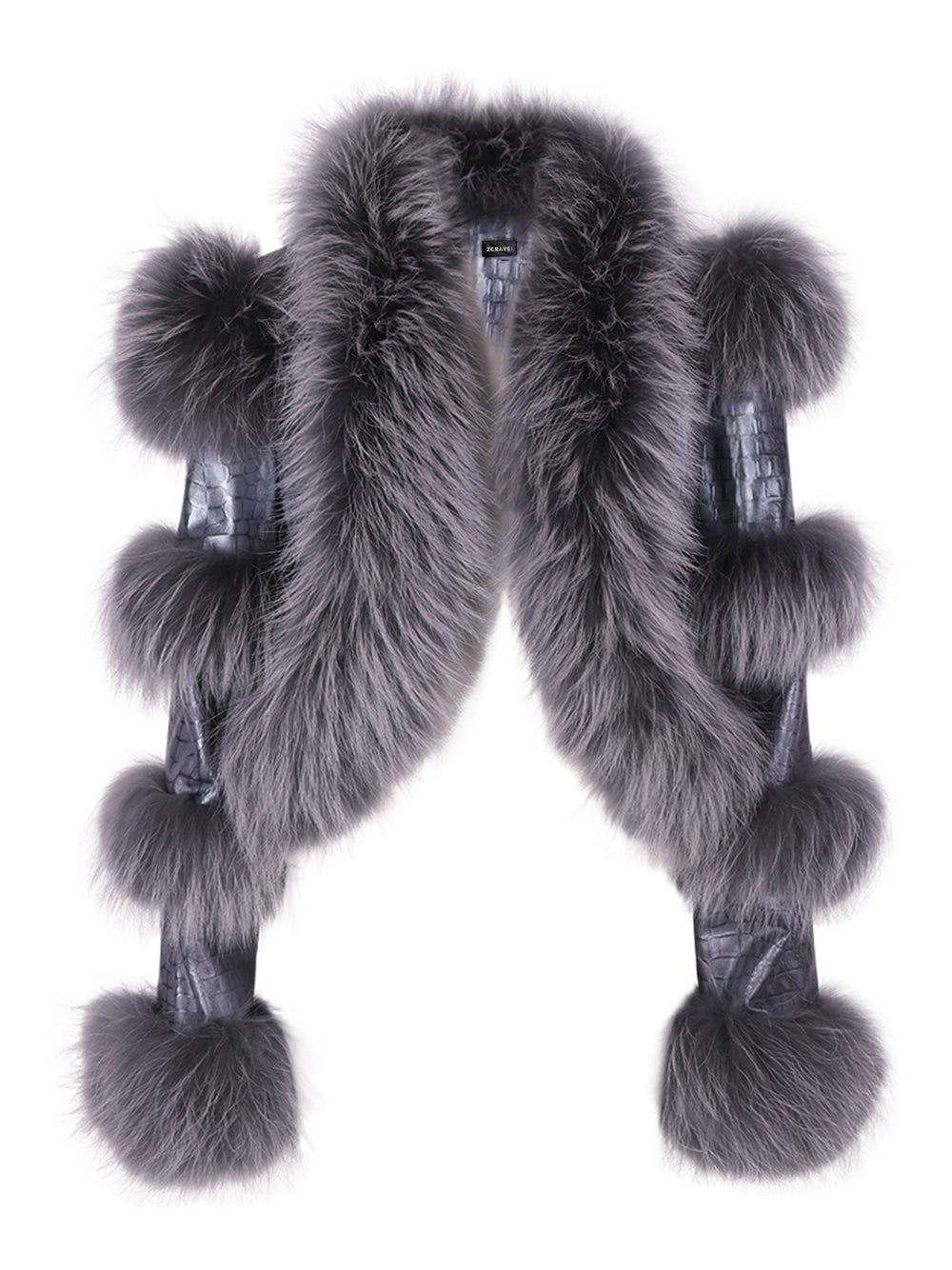 Gray Shaggy Fur Panel Leather Cropped Jacket