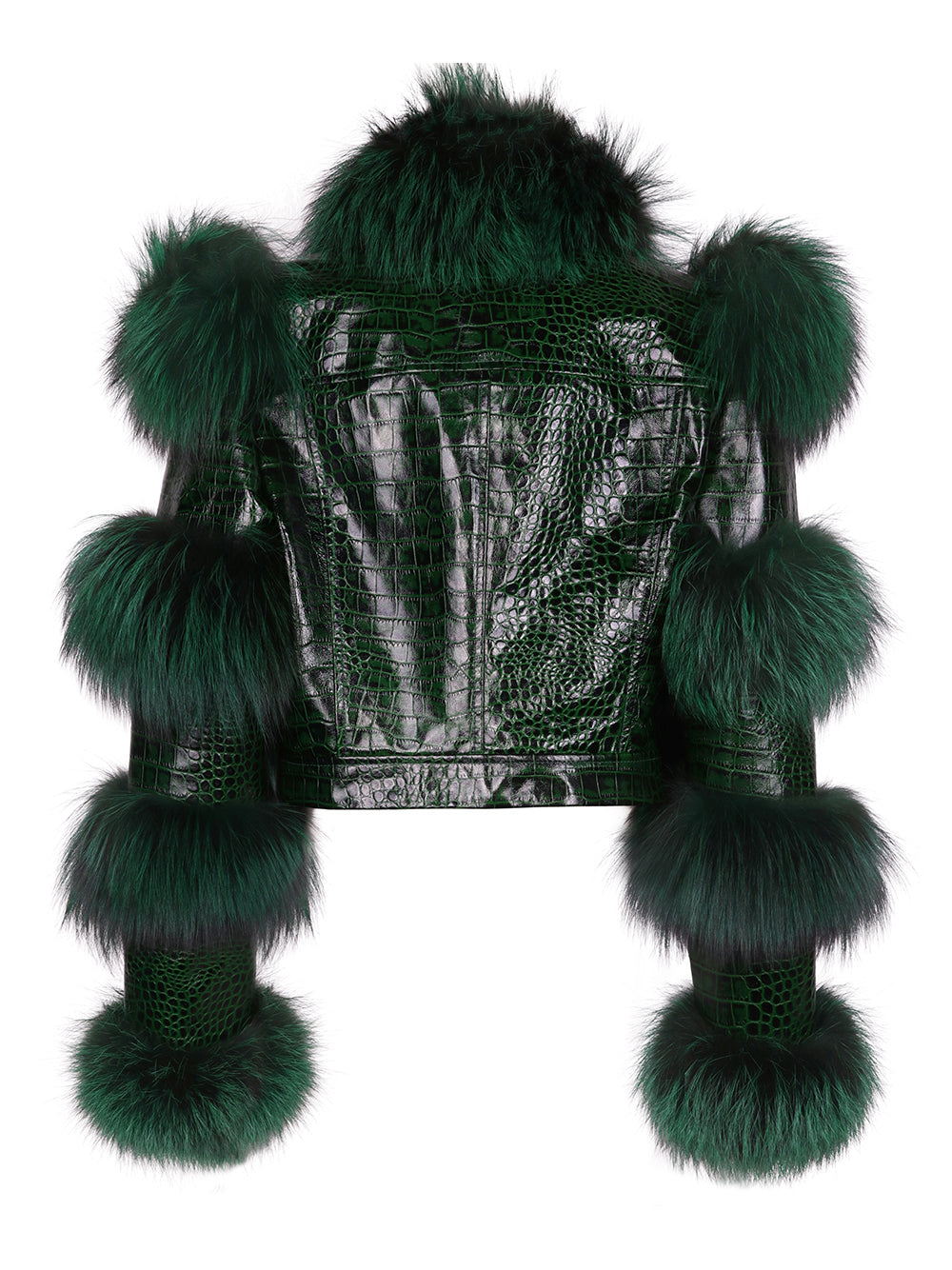 Dark Green Shaggy Fur Trim Glossy Croc Cropped Jacket 8
