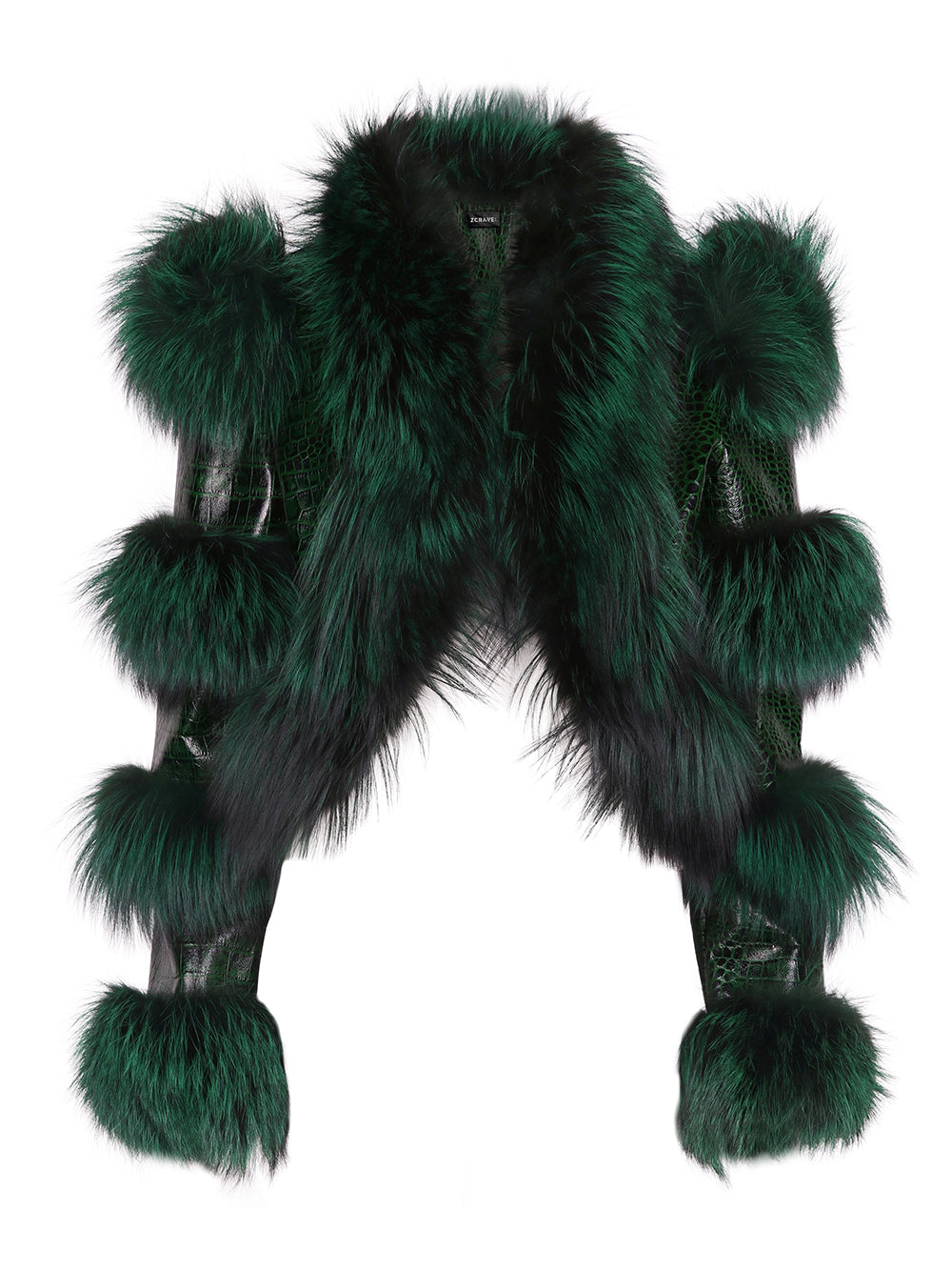 Dark Green Fluffy Fur Croc Leather Panel Cropped Jacket