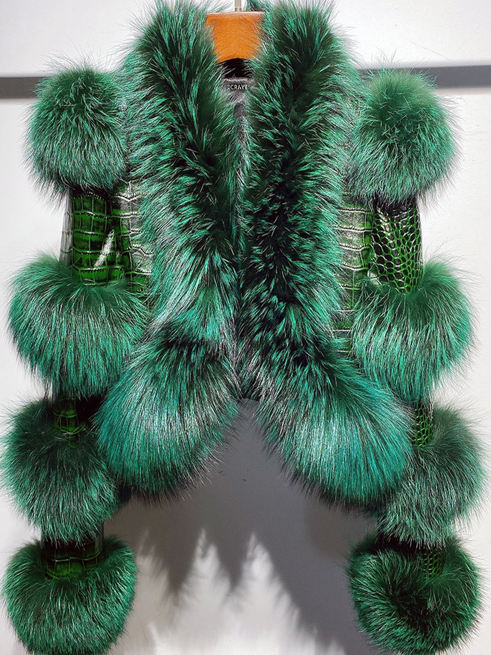 Dark Green Fluffy Fur Croc Leather Panel Cropped Jacket
