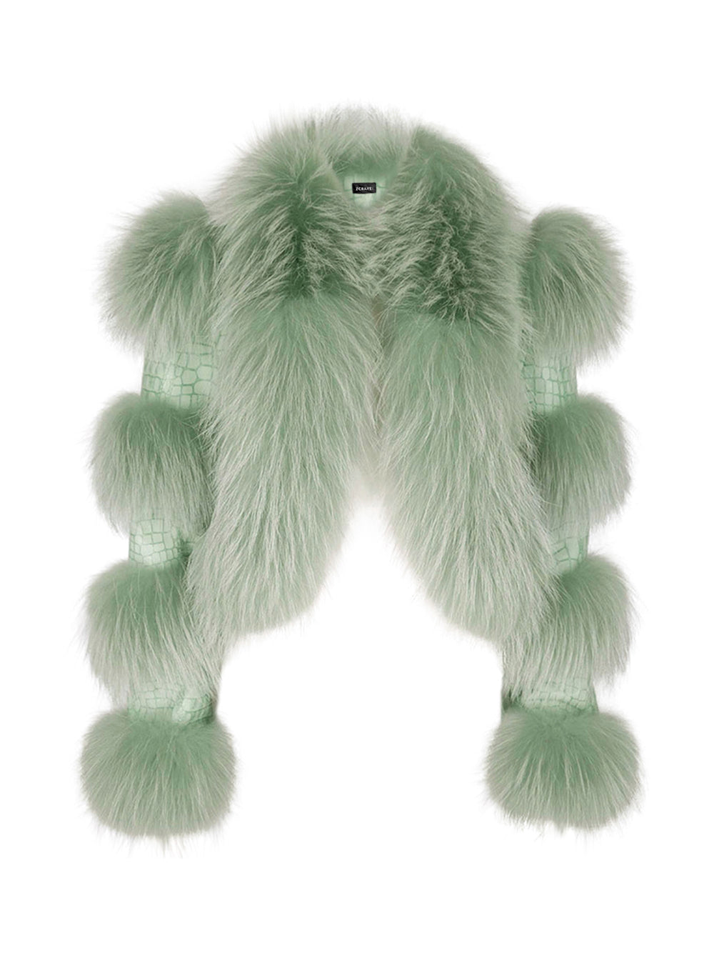 Light Green Faux Fur Trim Croc-Embossed Leather Cropped Jacket