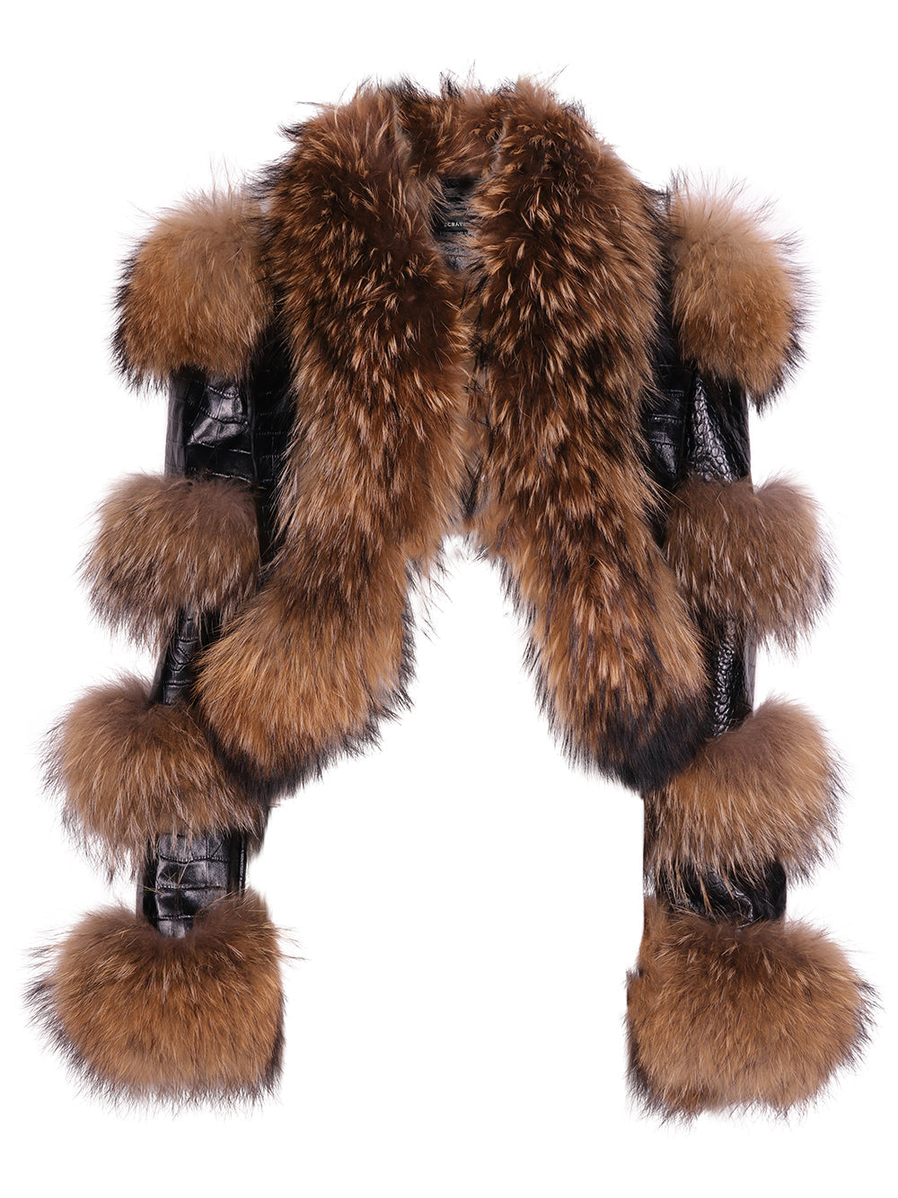 Black Brown Faux Fur Leather Panel Long Sleeve Cropped Jacket 16